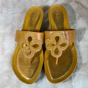 COLE HAAN Mustard Yellow Thong Sandals with Wooden Soles.  Women’s size 7.5